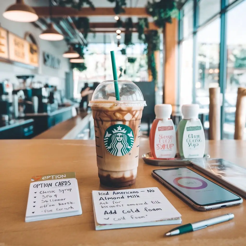 Customized Starbucks iced coffee on a café table with healthy add-ons and personalization notes.