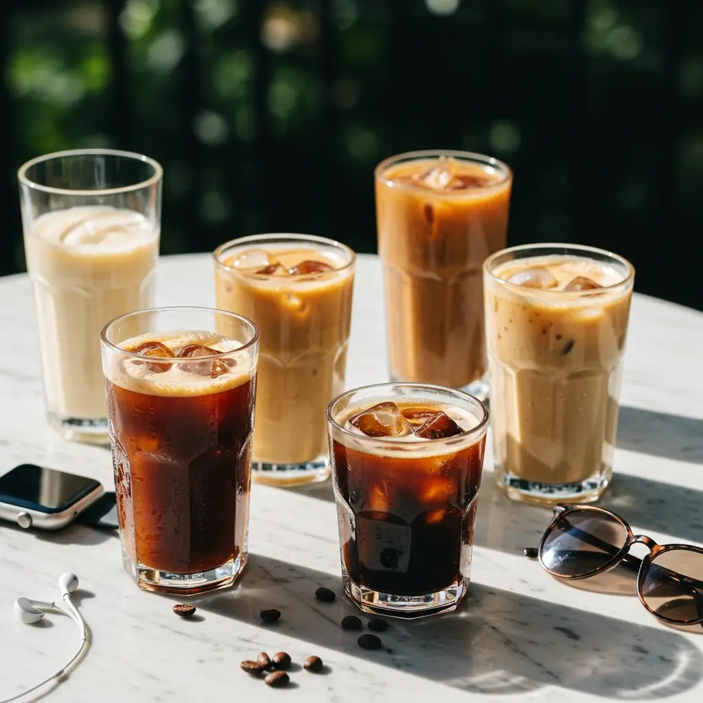Lineup of 4–5 iced coffee drinks on a sunny table with citrus, mint, and tech accessories.