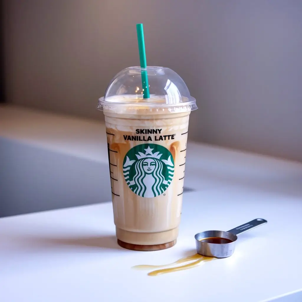 Starbucks Skinny Vanilla Latte with calorie note and vanilla syrup on white café table in morning light