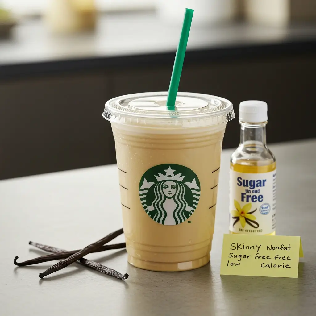 Starbucks Skinny Vanilla Latte with vanilla pod, sugar-free syrup, and health note on café counter