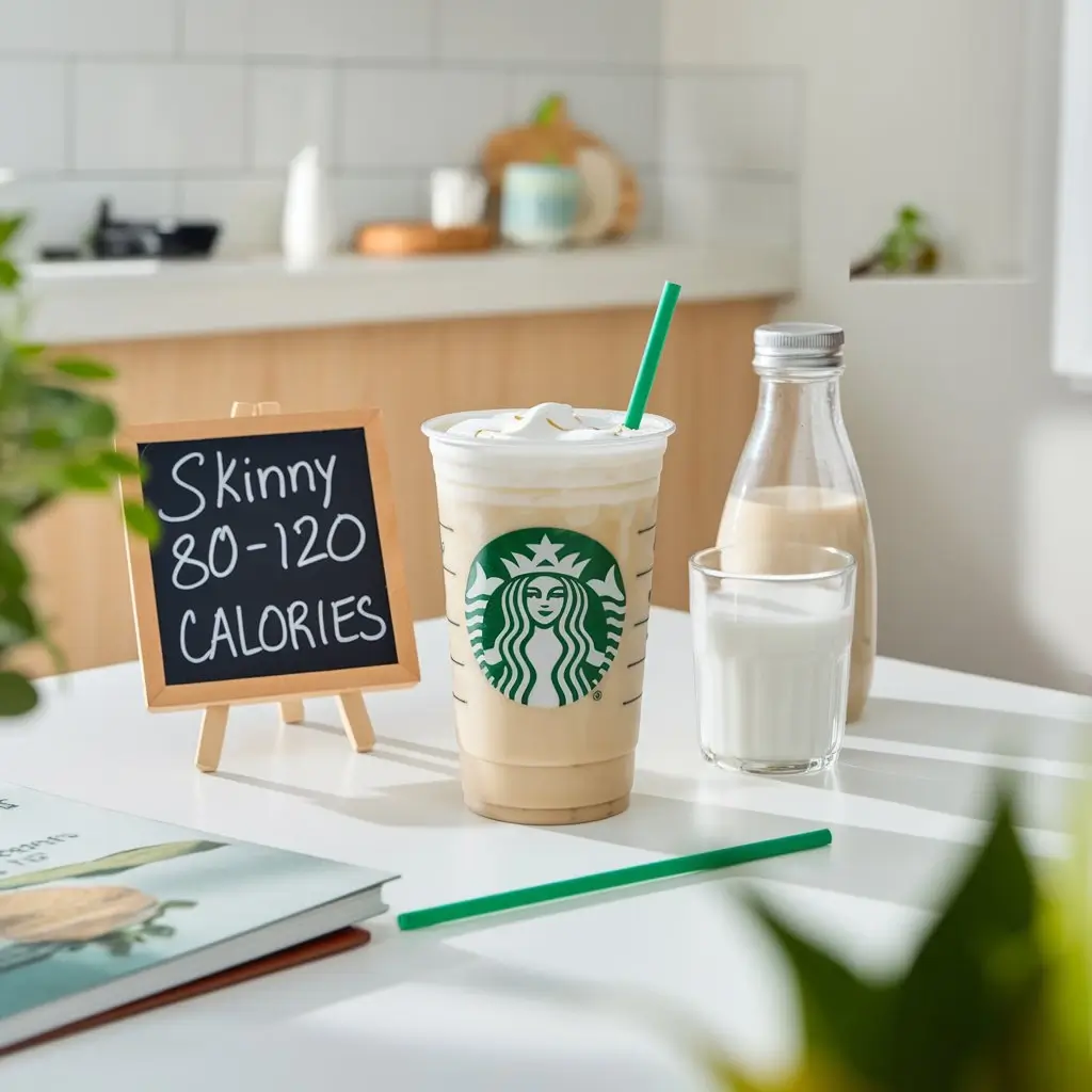 Starbucks Skinny Vanilla Latte with sugar-free syrup, nonfat milk, and calorie note on white table