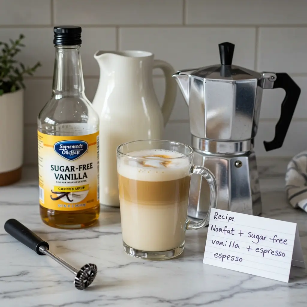 Homemade Skinny Vanilla Latte with sugar-free syrup, nonfat milk, and handwritten recipe card on cozy kitchen counter