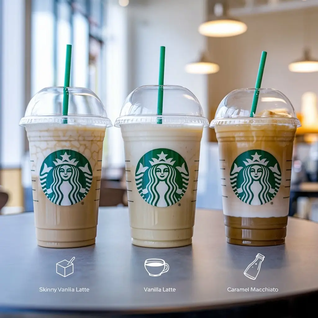 Side-by-side display of three Starbucks drinks with calorie counts and ingredient icons on clean table