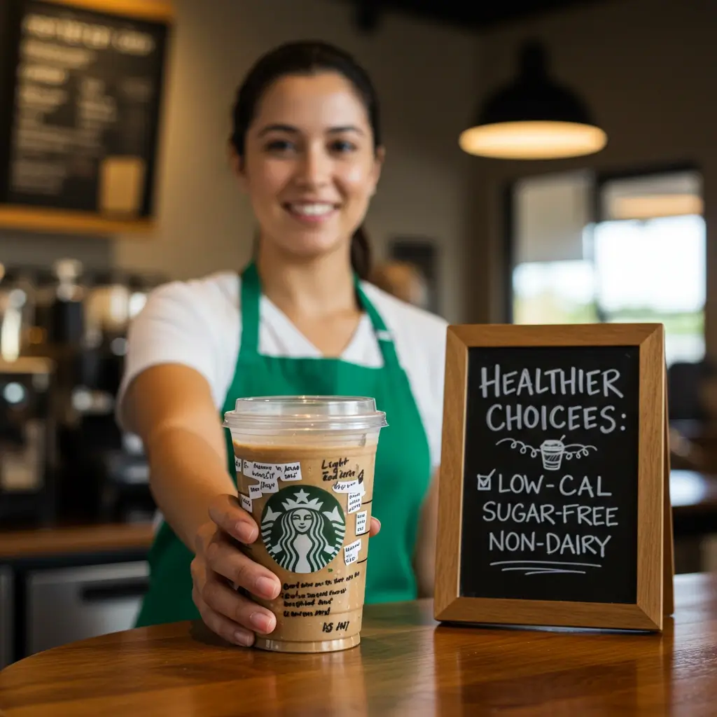 Barista handing over Starbucks Light Iced Coffee with health notes on cup in bright café interior