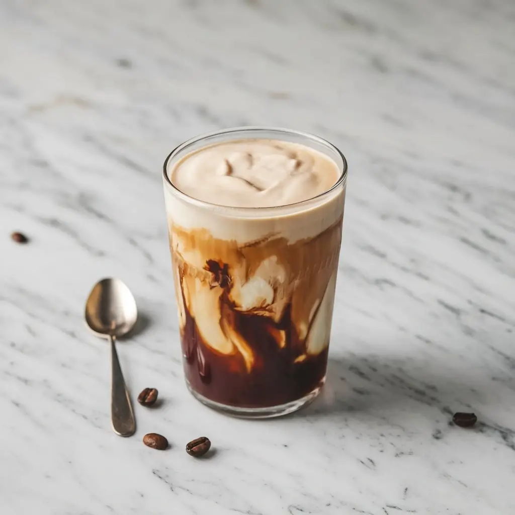 Tall glass of vanilla sweet cream cold brew with layered coffee and cream on marble countertop
