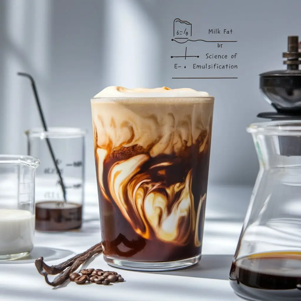 Close-up of vanilla sweet cream cold brew with scientific tools and emulsification diagram in the background