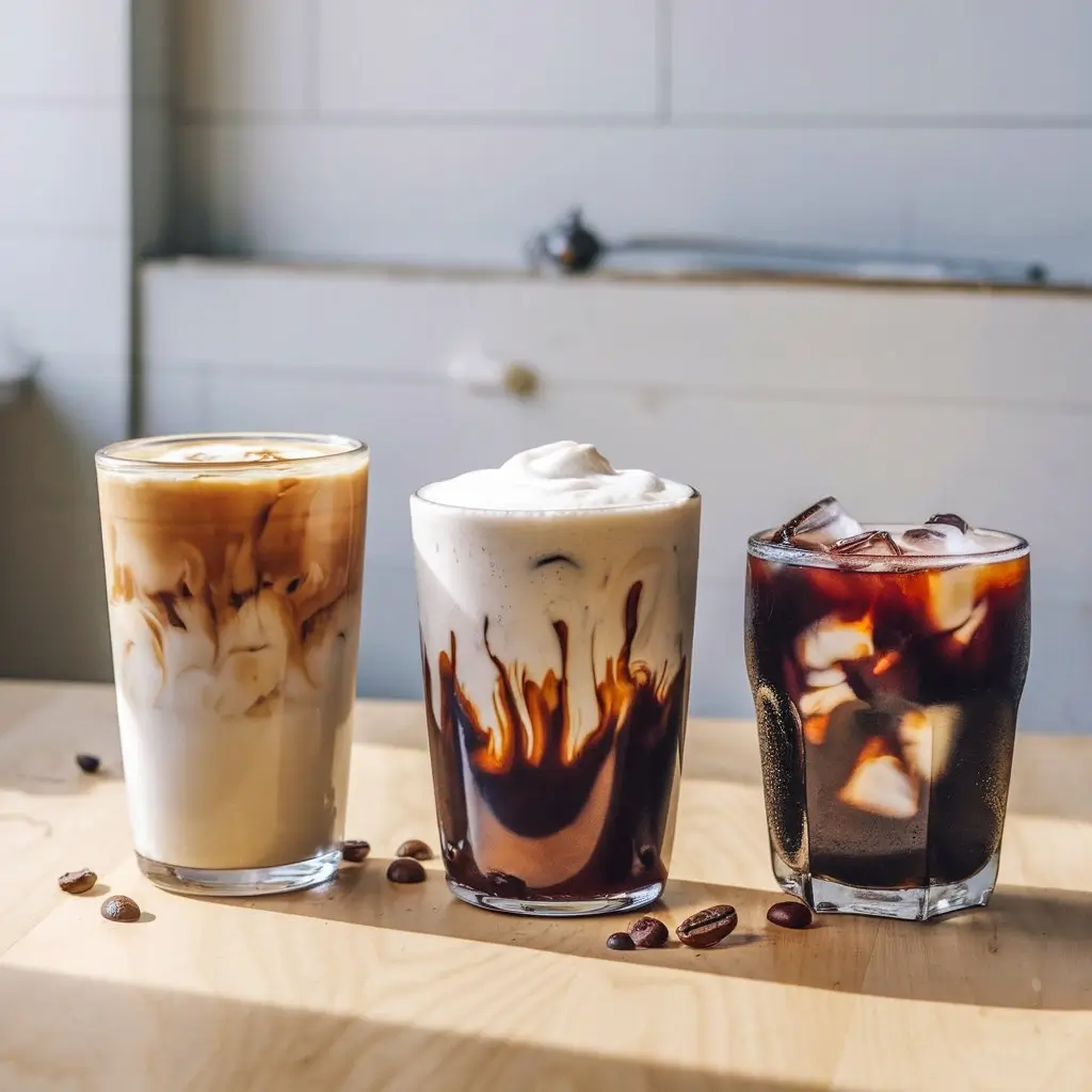 Side-by-side comparison of vanilla sweet cream cold brew, iced latte, and iced Americano on wooden table