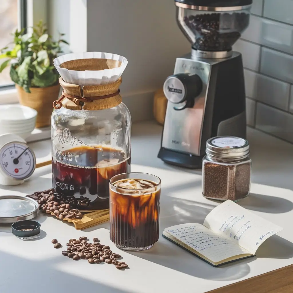 Freshly brewed cold brew with coffee beans, grinder, and recipe card on stylish kitchen counter