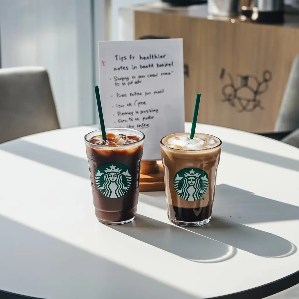 Side-by-side comparison of healthy iced coffee and sugary iced latte at Starbucks café with menu board