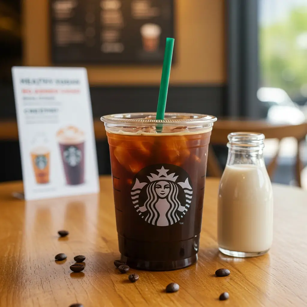 Close-up of healthy iced coffee with almond milk and coffee beans on wooden table at Starbucks