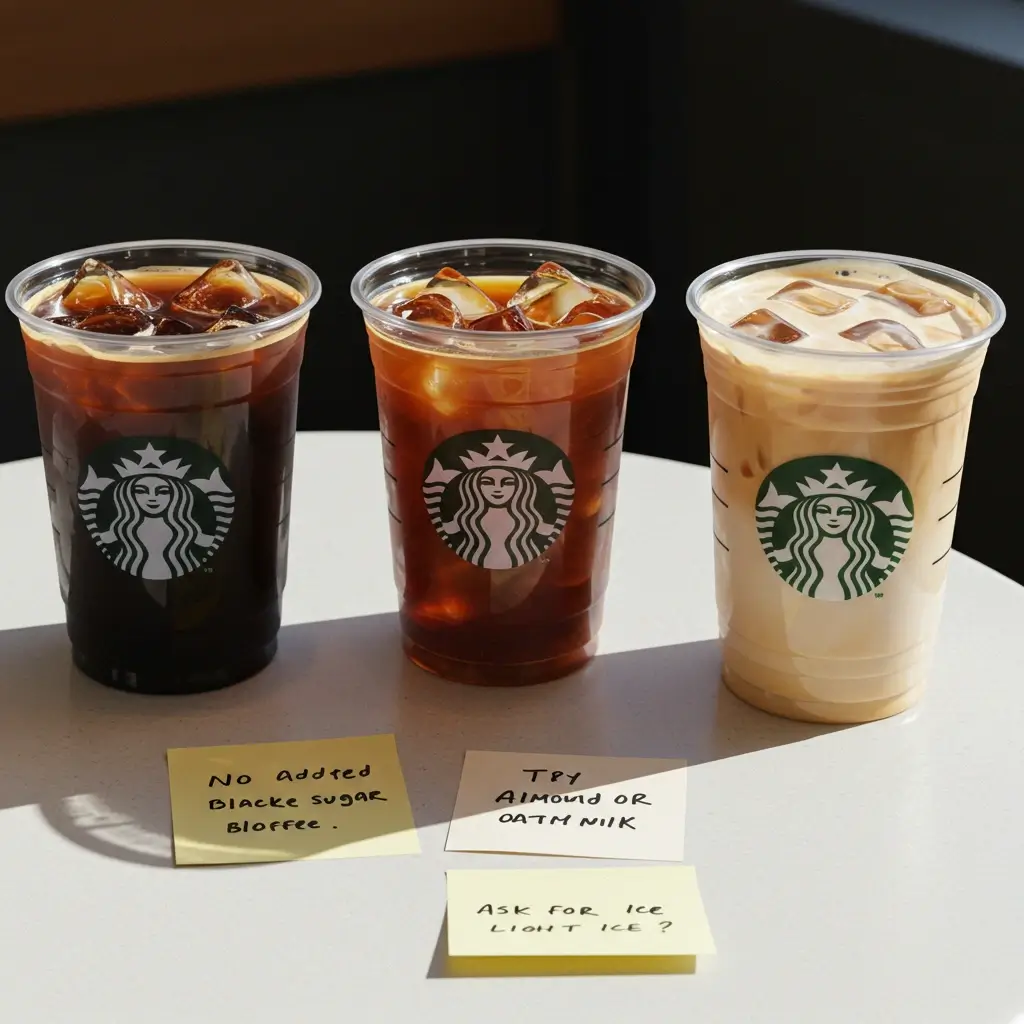 Three healthy iced coffee drinks at Starbucks with handwritten notes on healthy choices