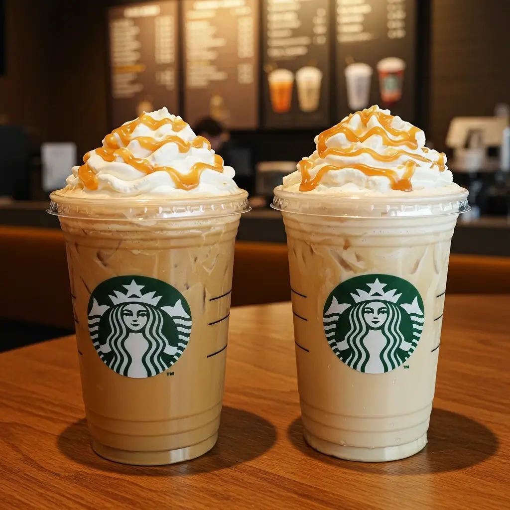 Side-by-side comparison of sugary iced coffee and high-calorie iced latte at Starbucks