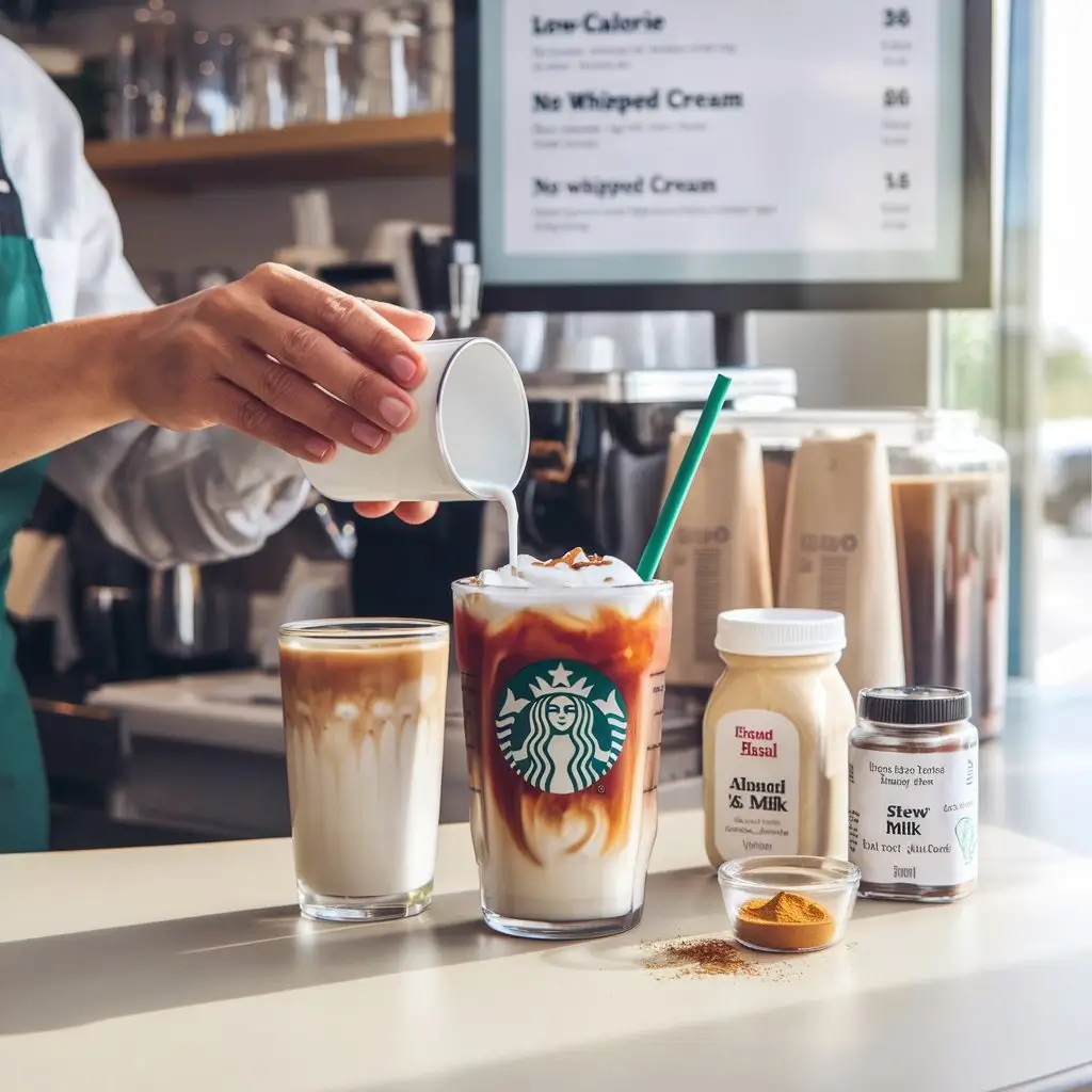 Barista customizing iced Americano with almond milk and healthy add-ins at Starbucks