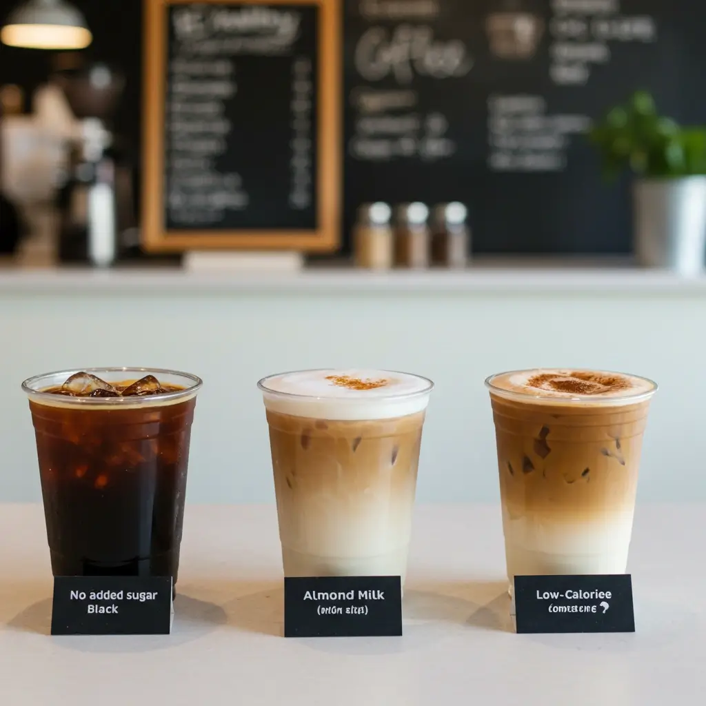 Three healthy iced coffee drinks on a modern coffee shop counter with labels and menu options