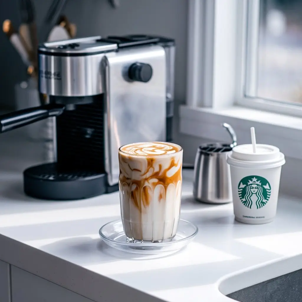 Homemade iced skinny latte with creamy swirls in a clear glass cup on a bright kitchen counter