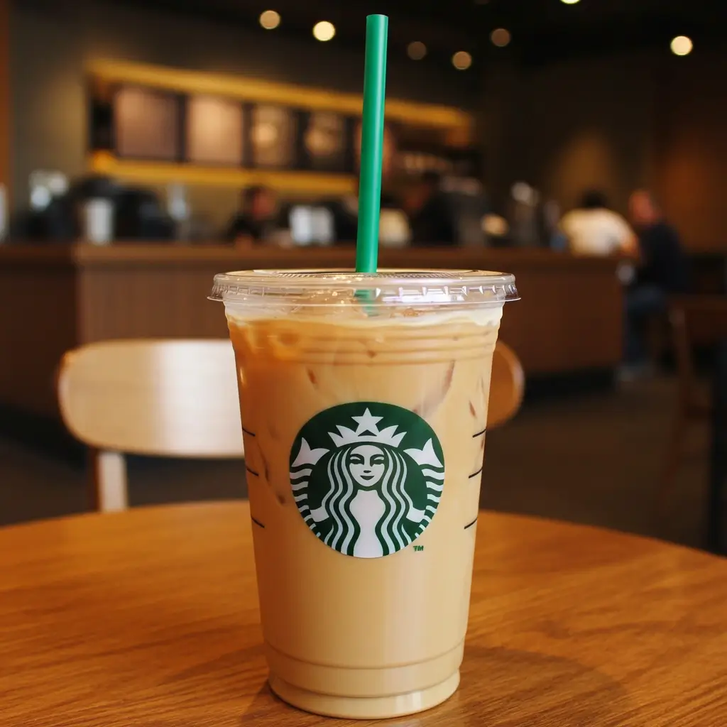 Starbucks iced skinny latte in a clear plastic cup with green straw on a café table