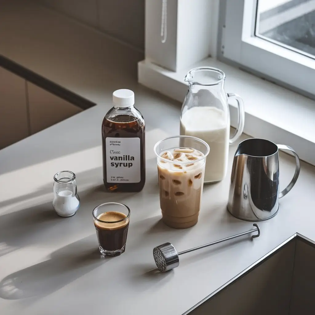 Flat lay of iced skinny latte ingredients on a clean kitchen counter in natural light