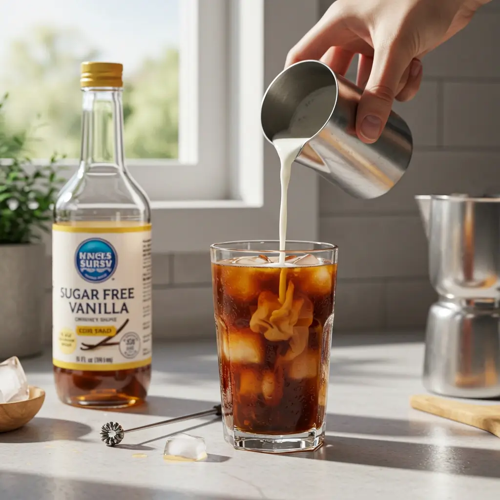 Pouring frothed skim milk into iced espresso in a cozy home kitchen