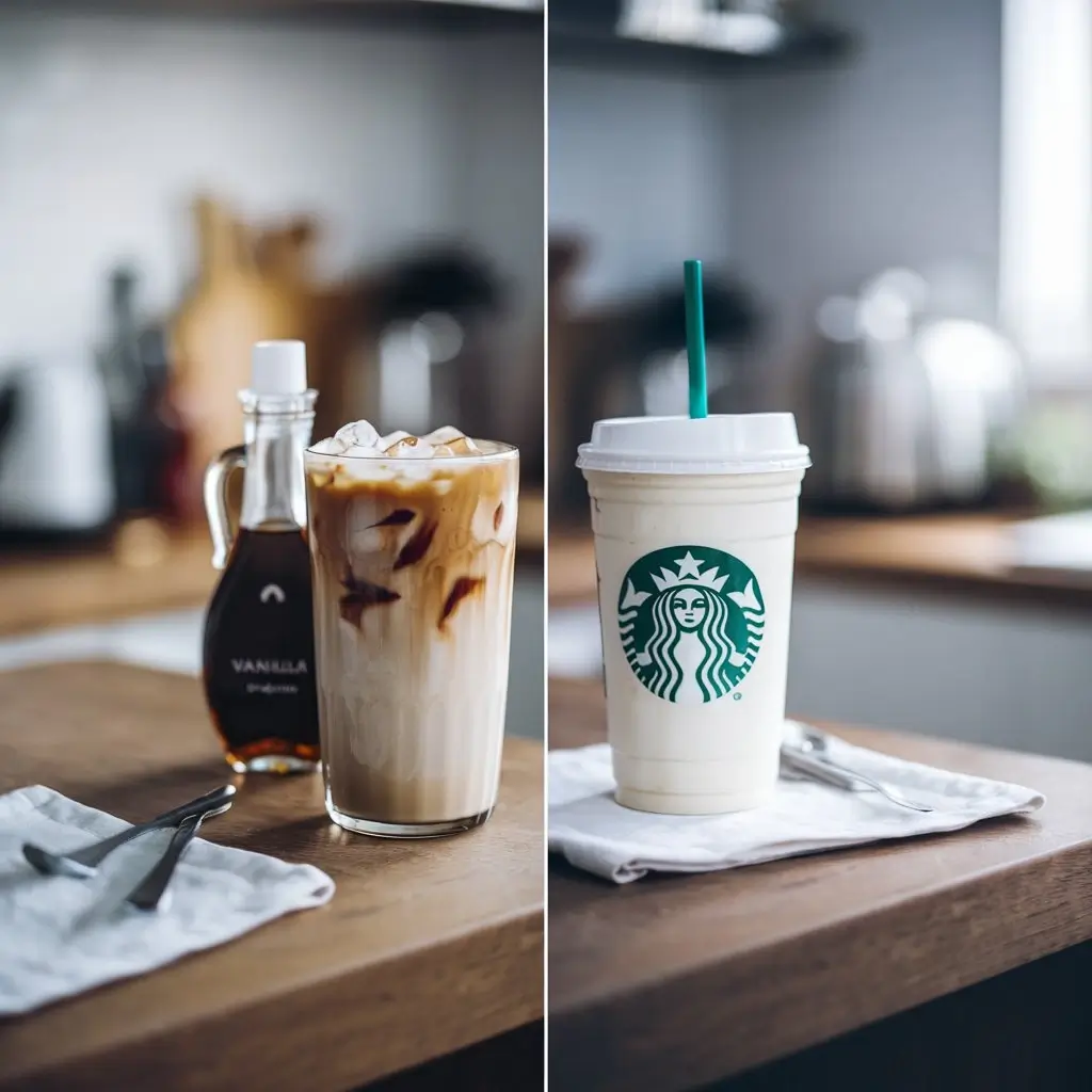 Side-by-side comparison of homemade iced skinny latte and Starbucks iced skinny latte on a kitchen counter