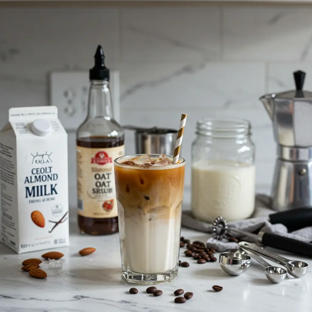Side-by-side comparison of homemade iced skinny latte and Starbucks iced skinny latte on a wooden kitchen counter