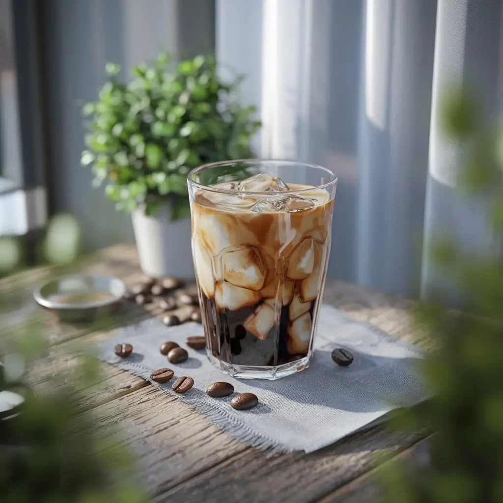 Decaf iced coffee with almond milk on rustic table