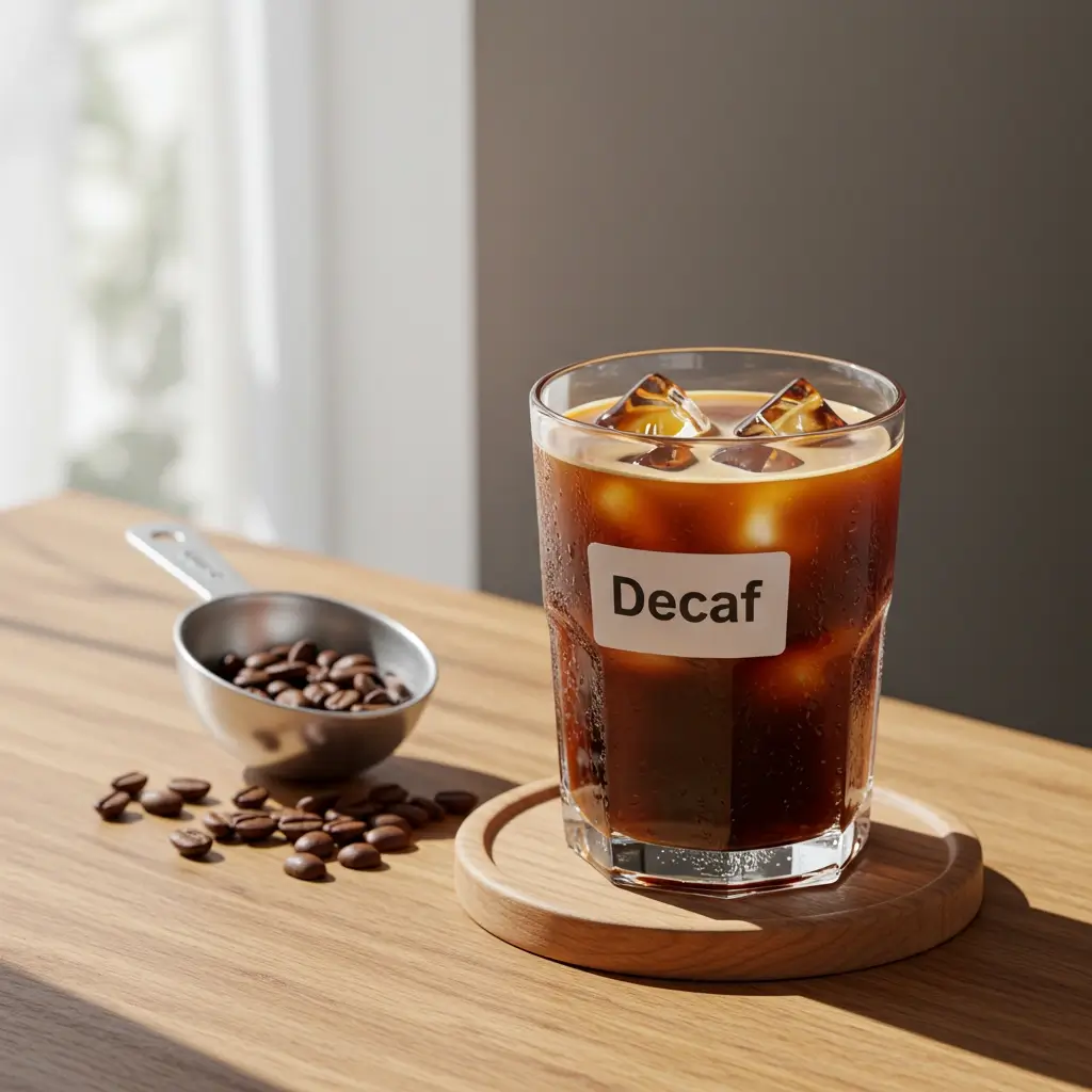 Close-up of decaf iced coffee in tumbler with labeled coaster
