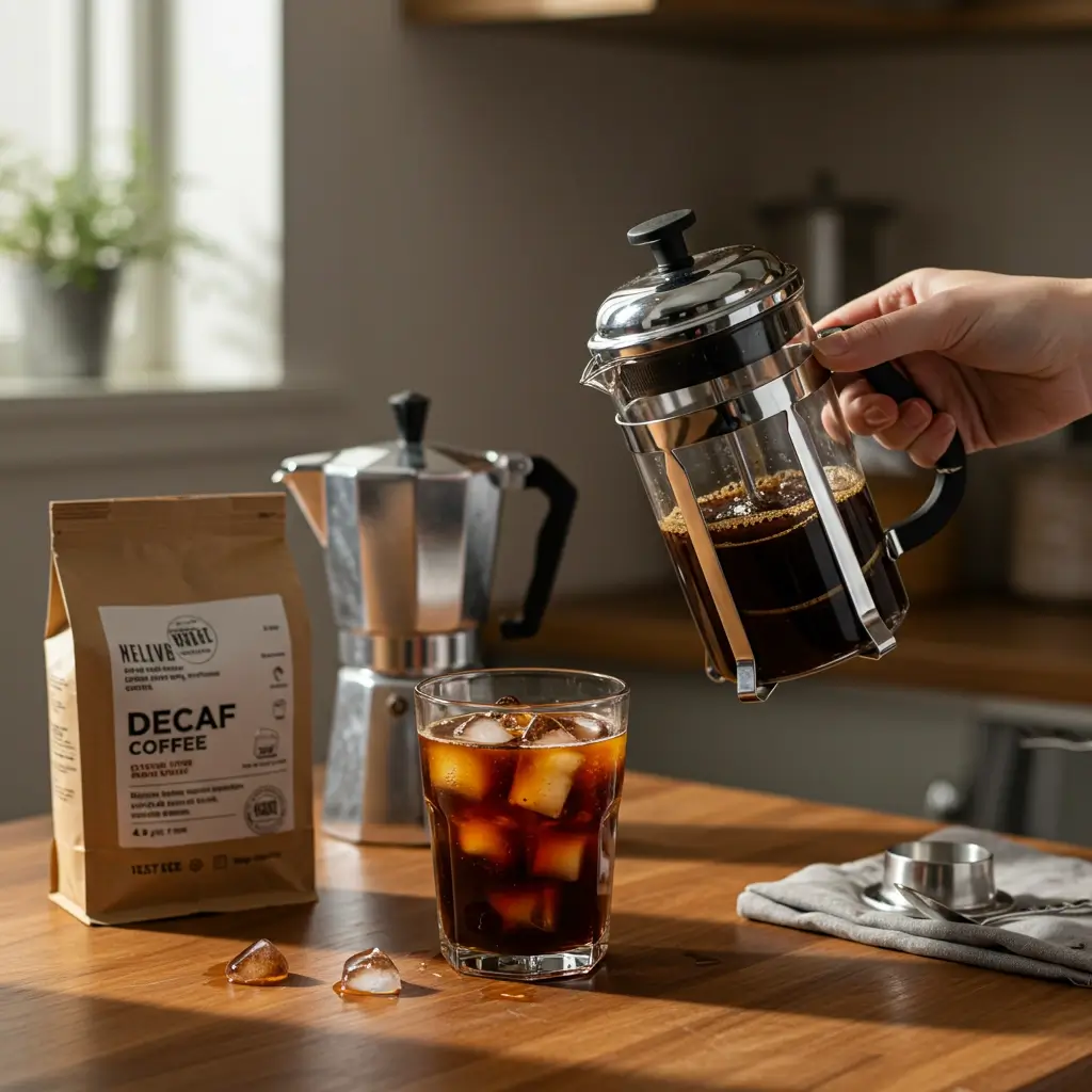 Person brewing decaf iced coffee in home kitchen with French press