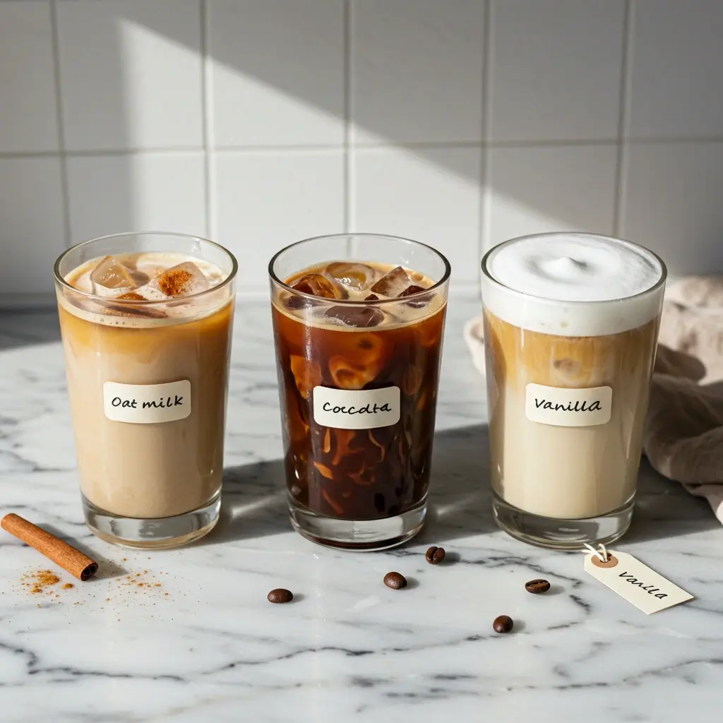 Three decaf iced coffees with oat milk, chocolate drizzle, and vanilla foam on marble counter