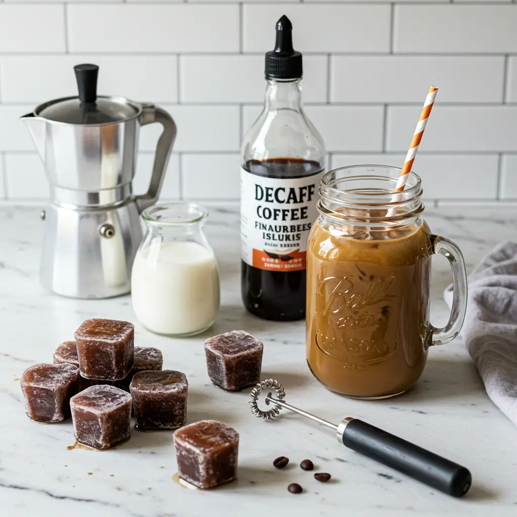 Flat lay of creative decaf iced coffee hacks with frozen coffee ice cubes, syrups, and milk frother on kitchen countertop