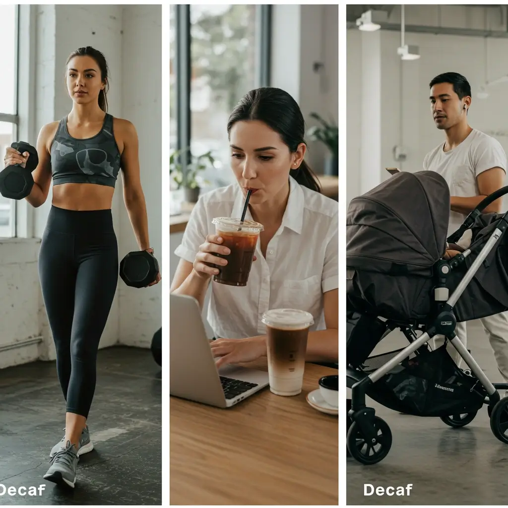 Collage of three people enjoying decaf iced coffee in different environments: fitness enthusiast, working professional, and parent with stroller