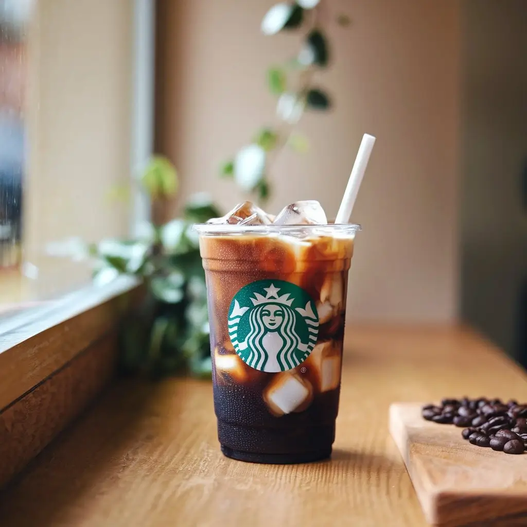 Close-up of Starbucks decaf cold brew in clear cup with condensation, ice cubes, paper straw, on wooden table