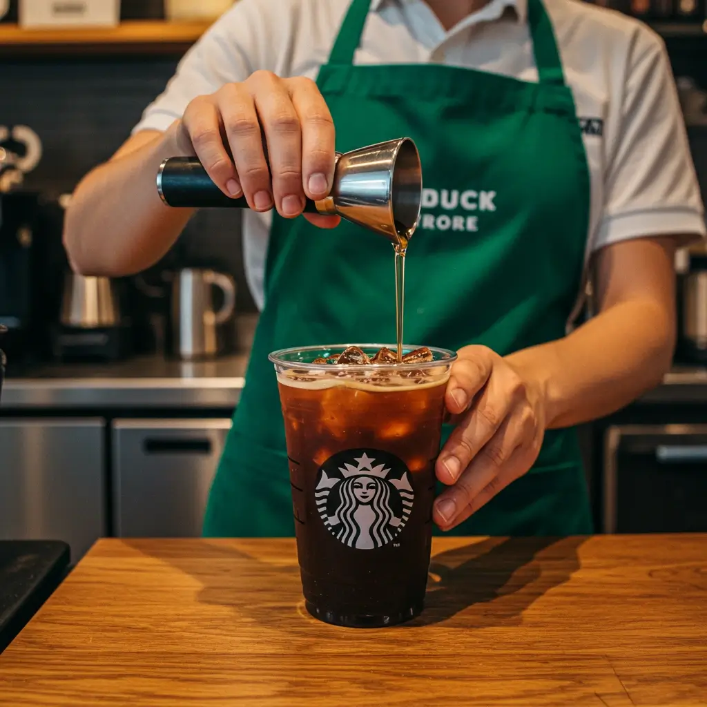 Starbucks barista preparing decaf iced Americano with clear cup and ice, visible espresso shots
