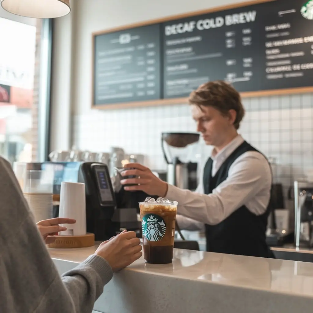 Close-up of Starbucks menu board highlighting "Decaf Cold Brew" with a barista preparing the drink