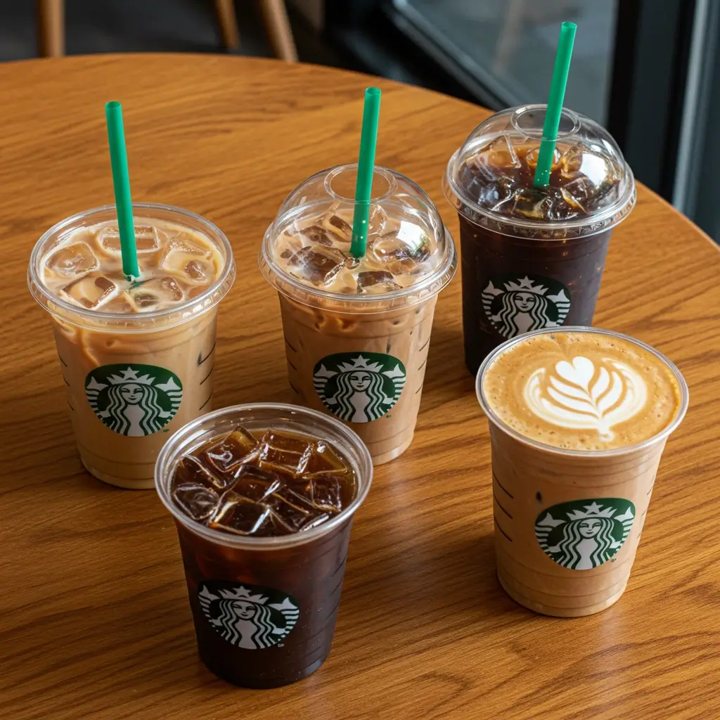 Flat lay of Starbucks decaf iced coffee drinks: iced decaf latte, mocha, and cold brew