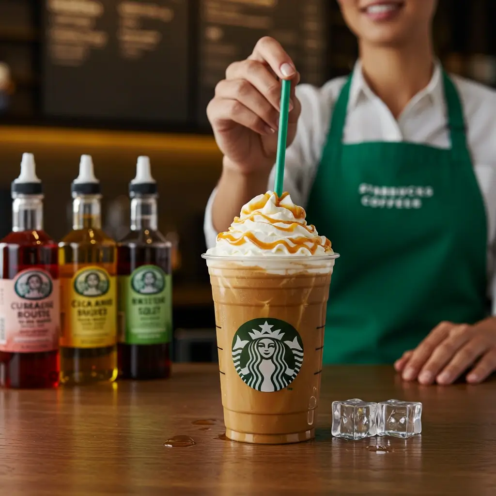 Starbucks barista customizing a decaf iced drink with almond milk, syrups, and whipped cream
