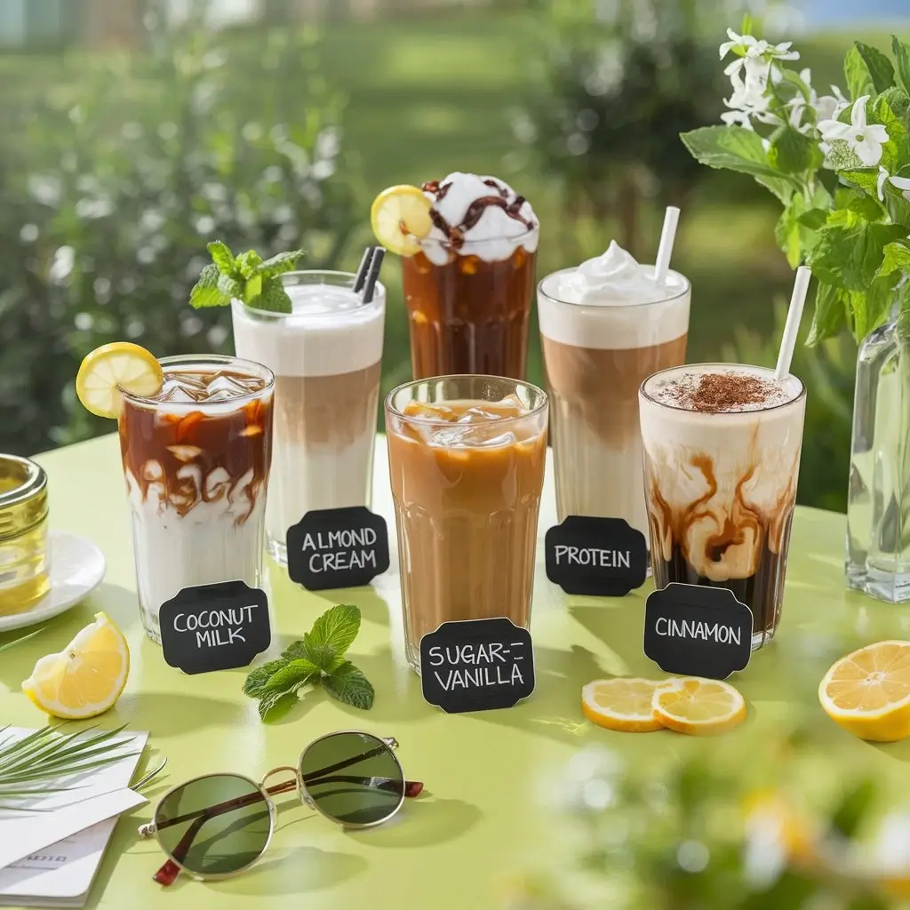 Five healthy iced coffees with summer props