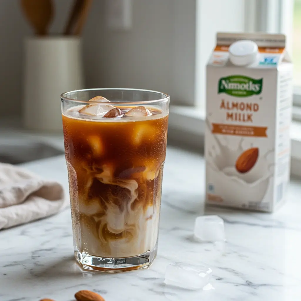 Iced cold brew with almond milk on marble counter