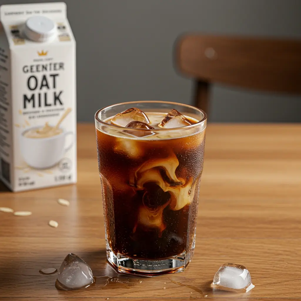 Iced Americano with oat milk swirl on café table