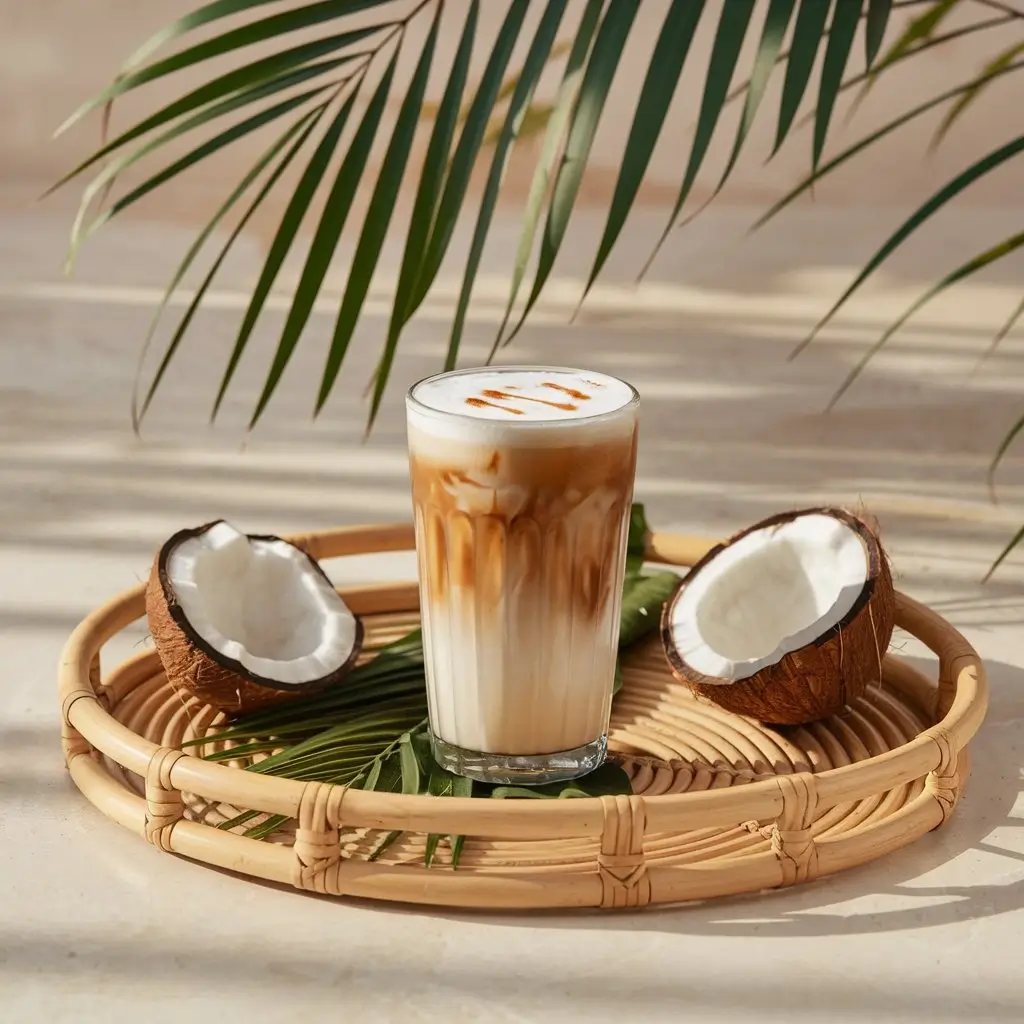 Coconut milk iced latte with espresso gradient and tropical accents
