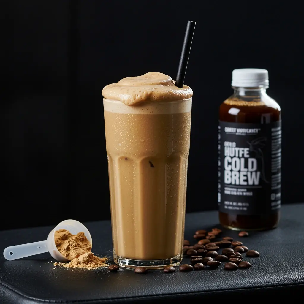 Protein iced coffee shake with frothy top on a gym bench