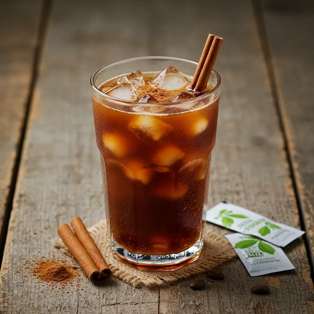 Iced coffee with cinnamon sprinkle and stick on a rustic wooden table
