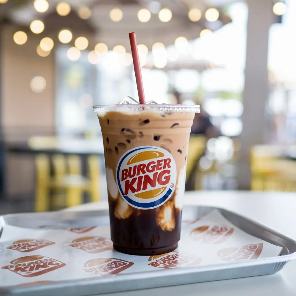 Burger King iced coffee on a tray with ice cubes and a straw