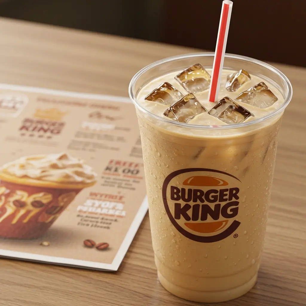 Close-up of Burger King iced coffee with ice cubes and straw, next to a menu