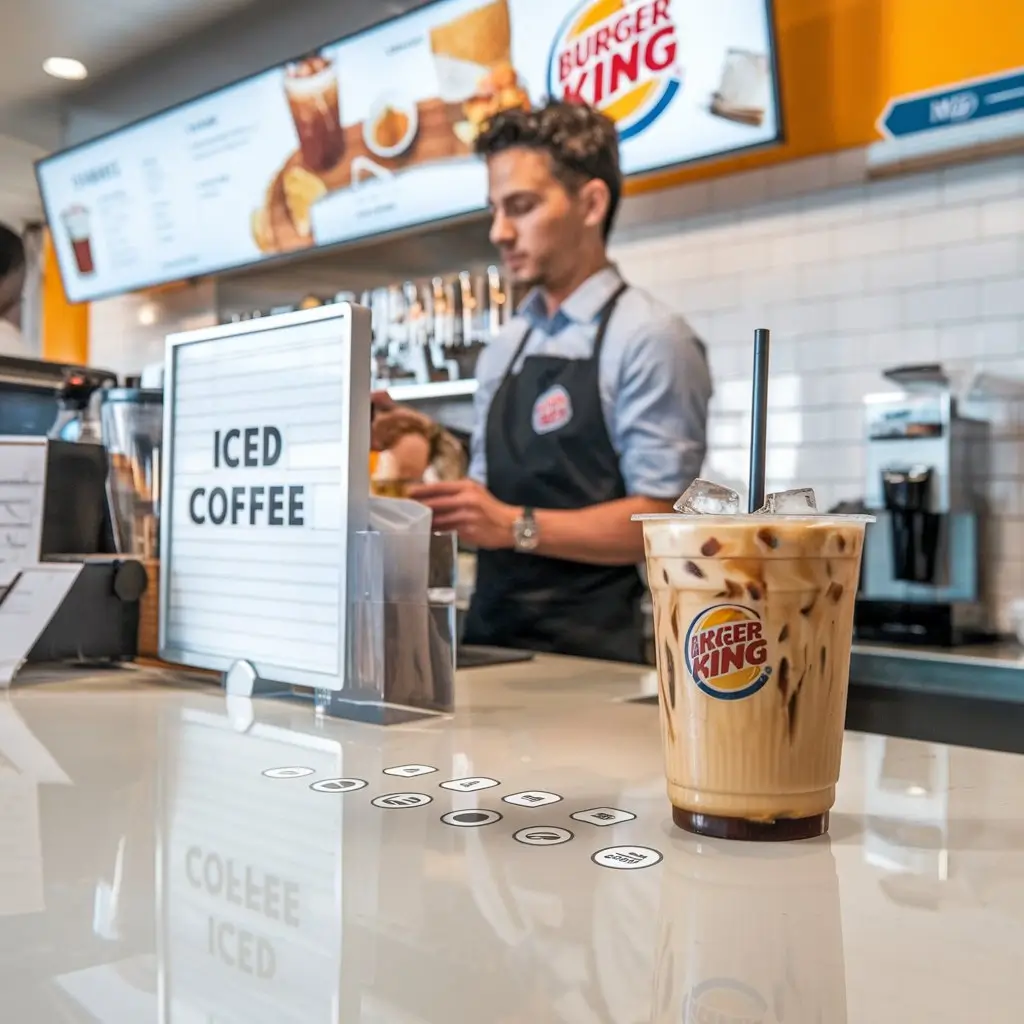 Burger King counter with customer ordering iced coffee and barista preparing the drink