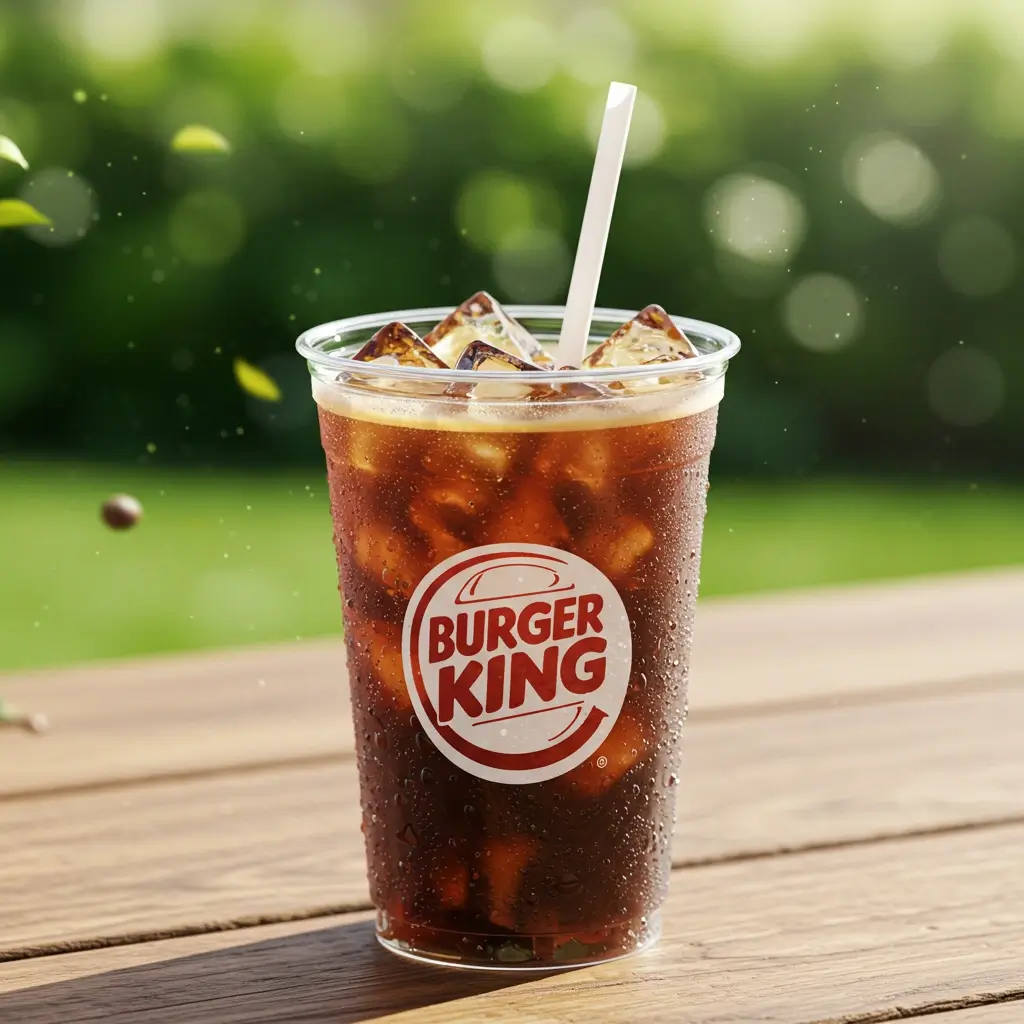 Burger King iced coffee on picnic table with condensation and ice cubes