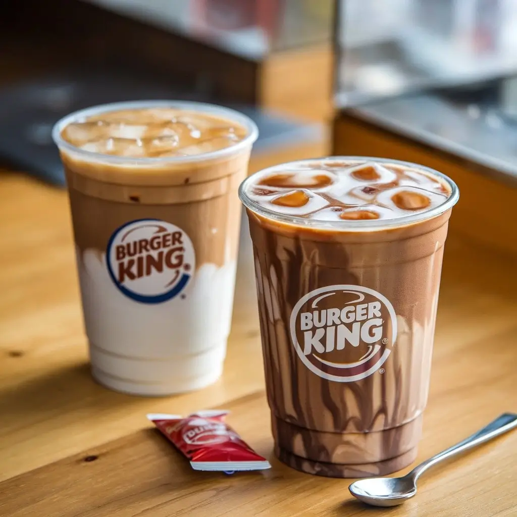 Burger King vanilla and mocha iced coffee side-by-side on a wooden table