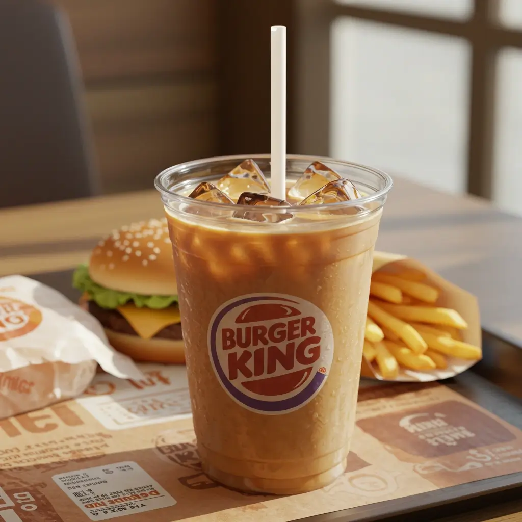 Burger King iced coffee with burger and fries on a tray