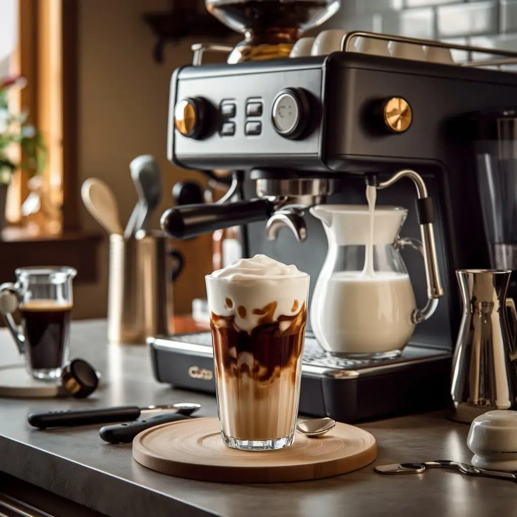 Person frothing milk for cappuccino with espresso shot and ice, in a cozy kitchen.