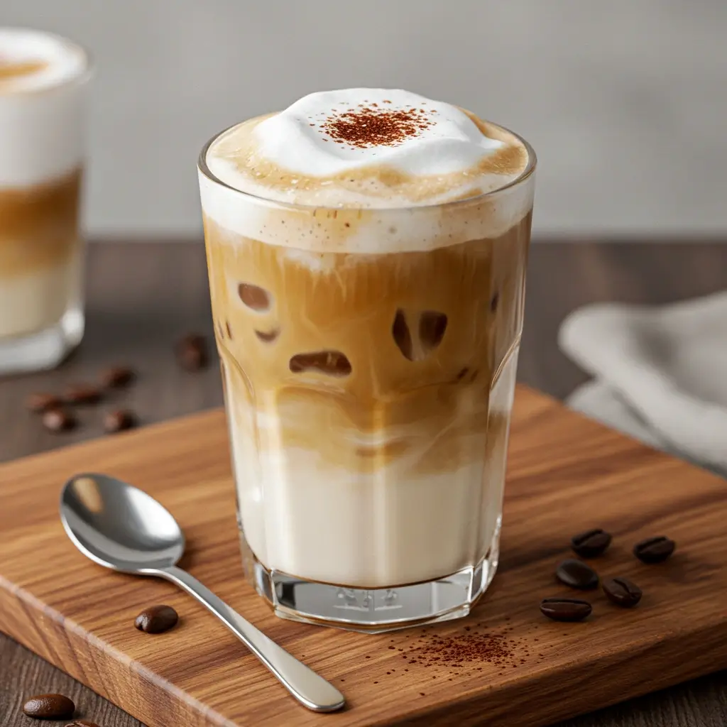 Close-up of iced cappuccino with ice, espresso, frothed milk, and cocoa powder.