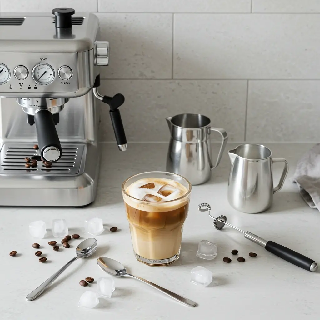 Flat lay of iced cappuccino tools and ingredients on a clean kitchen counter.